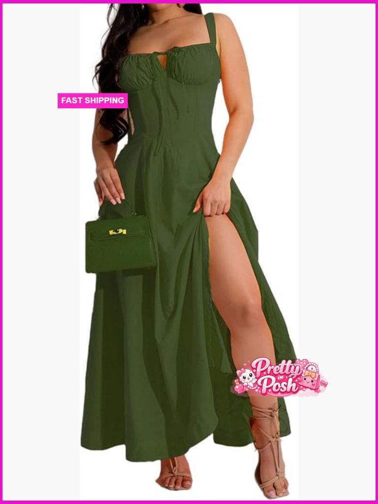 Milkmaid Corset Dress A-Line Slit Midi Summer Casual Beach